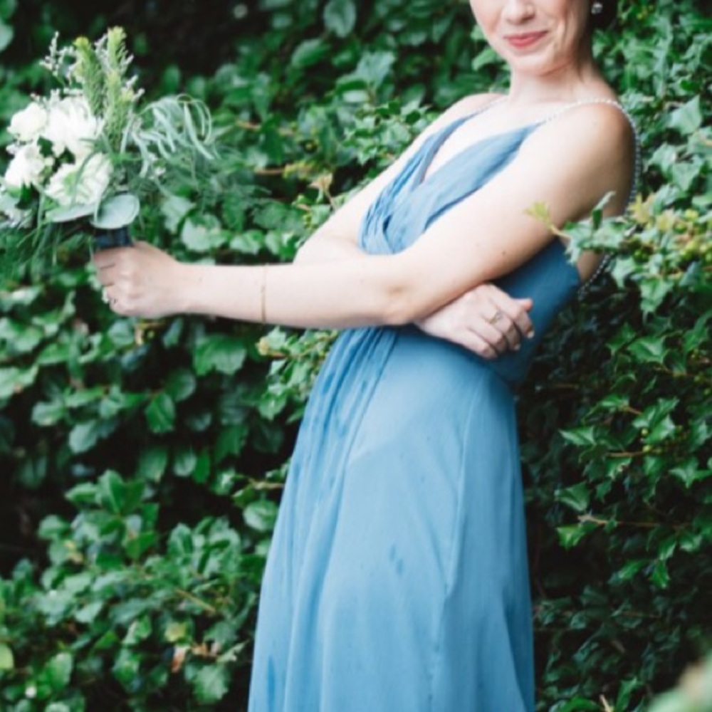 David’s Bridal slate blue bridesmaid dress
